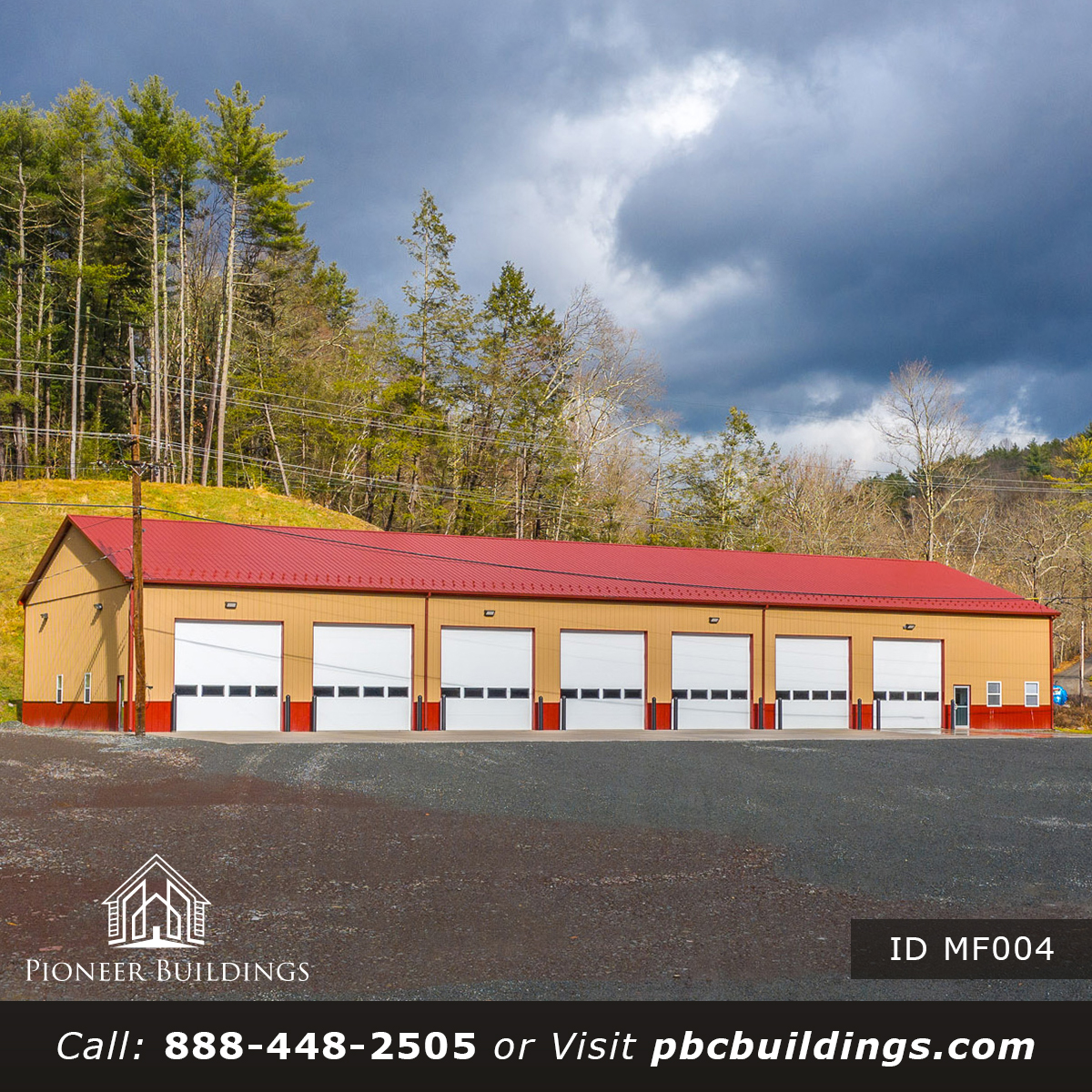Meshoppen Fire Department pole barn with red metal roof and tan siding built by Pioneer Building"