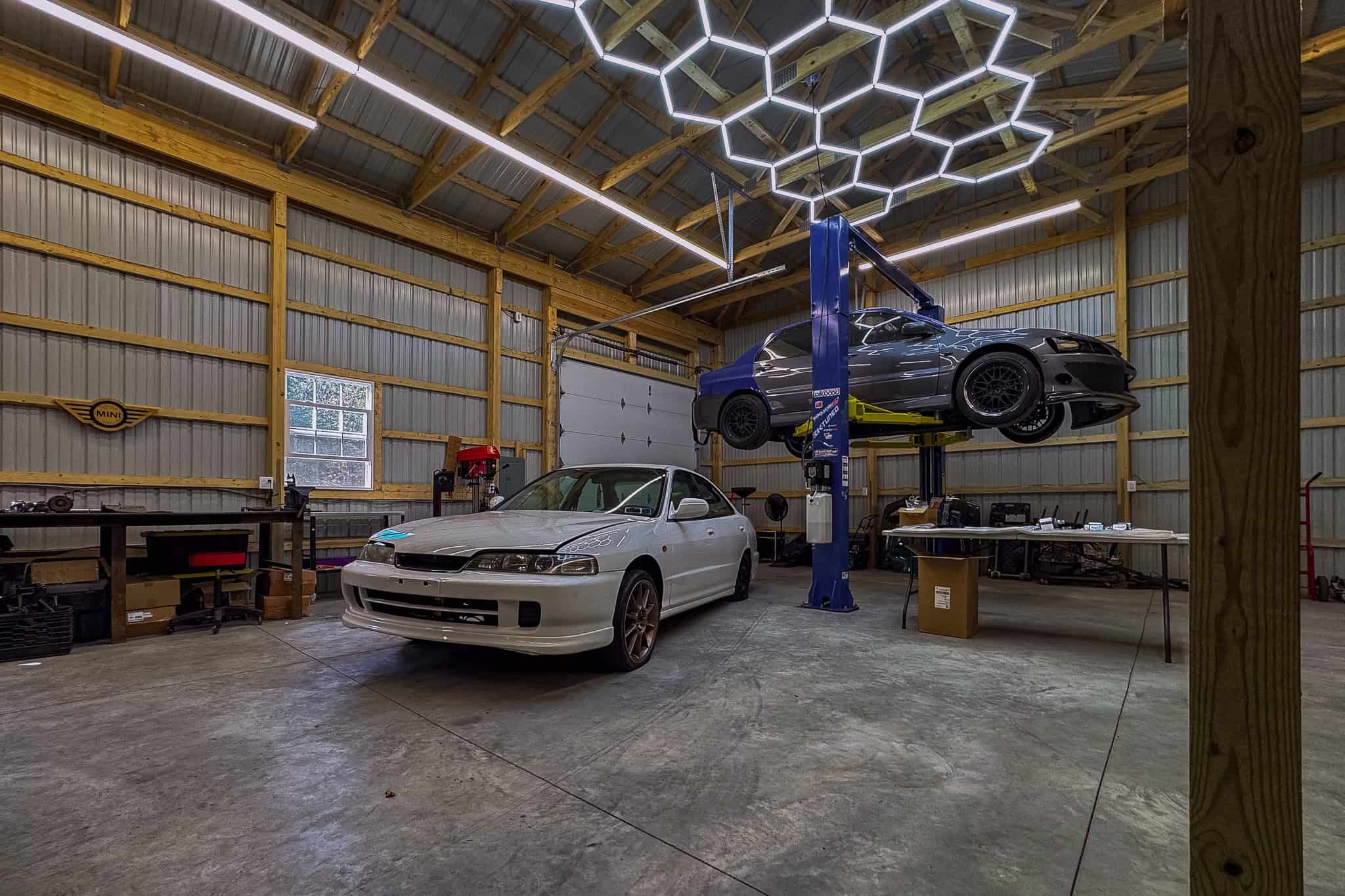 Brown and Black Post-Frame Garage Interior Setup